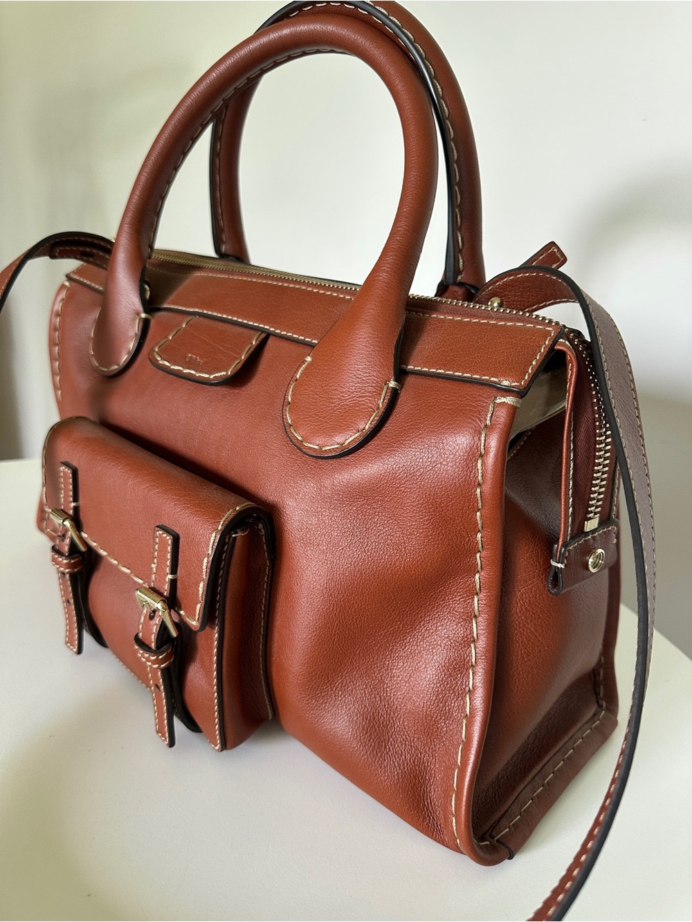 CHLOE Edith Classic Cognac Brown Leather Satchel Handbag Removable Strap - Picture 4 of 15